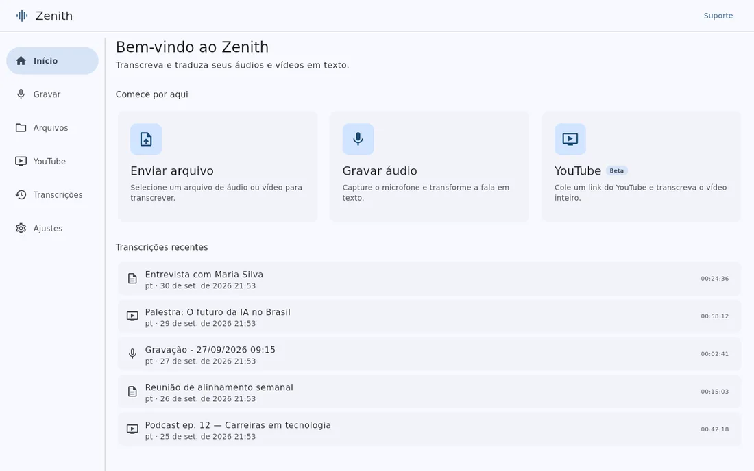 Tela inicial do Zenith com as opções de gravação e transcrição
