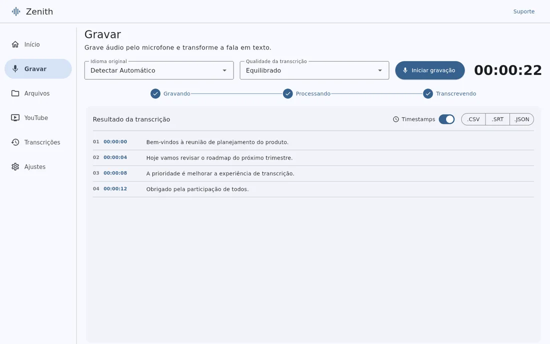 Tela de gravação do Zenith com o cronômetro ativo