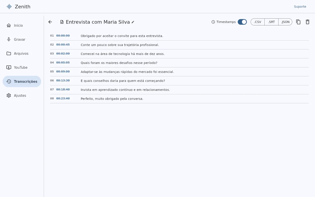 Tela de detalhe da transcrição no Zenith