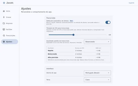 Tela de ajustes do Zenith com opções de tema e idioma